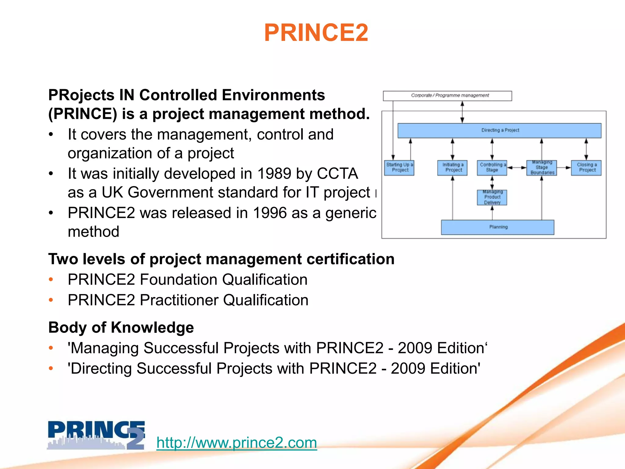 PRINCE2

PRojects IN Controlled Environments
(PRINCE) is a project management method.
• It covers the management, control and
  organization of a project
• It was initially developed in 1989 by CCTA
  as a UK Government standard for IT project management
• PRINCE2 was released in 1996 as a generic project management
  method
Two levels of project management certification
• PRINCE2 Foundation Qualification
• PRINCE2 Practitioner Qualification
Body of Knowledge
• 'Managing Successful Projects with PRINCE2 - 2009 Edition‘
• 'Directing Successful Projects with PRINCE2 - 2009 Edition'



               http://www.prince2.com
 