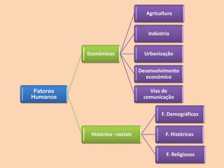 Fatores
Humanos
Económicos
Agricultura
Indústria
Urbanização
Desenvolvimento
económico
Vias de
comunicação
Histórico –sociais
F. Demográficos
F. Históricos
F. Religiosos
 