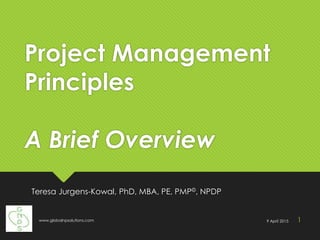 Project Management
Principles
A Brief Overview
Teresa Jurgens-Kowal, PhD, MBA, PE, PMP©, NPDP
9 April 2015www.globalnpsolutions.com 1
 