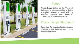 Project Scope Statement
Scope
Project Scope define as the “The work
that needs to be accomplished to deliver
a product, service, or result with the
specified features and functions.”
(Project Management Institute, 2021)
Expanding EV charging facilities to ease
of customer and helps to reach Honda
sustainability goals
 