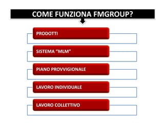 COME FUNZIONA FMGROUP?
PRODOTTI
SISTEMA “MLM”
PIANO PROVVIGIONALE
LAVORO INDIVIDUALE
LAVORO COLLETTIVO
 