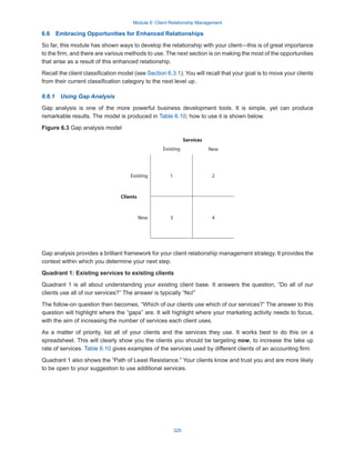 Module 6: Client Relationship Management
325
6.6  Embracing Opportunities for Enhanced Relationships
So far, this module has shown ways to develop the relationship with your client—this is of great importance
to the firm, and there are various methods to use. The next section is on making the most of the opportunities
that arise as a result of this enhanced relationship.
Recall the client classification model (see Section 6.3.1). You will recall that your goal is to move your clients
from their current classification category to the next level up.
6.6.1  Using Gap Analysis
Gap analysis is one of the more powerful business development tools. It is simple, yet can produce
remarkable results. The model is produced in Table 6.10; how to use it is shown below.
Figure 6.3 Gap analysis model
Gap analysis provides a brilliant framework for your client relationship management strategy. It provides the
context within which you determine your next step.
Quadrant 1: Existing services to existing clients
Quadrant 1 is all about understanding your existing client base. It answers the question, “Do all of our
clients use all of our services?” The answer is typically “No!”
The follow-on question then becomes, “Which of our clients use which of our services?” The answer to this
question will highlight where the “gaps” are. It will highlight where your marketing activity needs to focus,
with the aim of increasing the number of services each client uses.
As a matter of priority, list all of your clients and the services they use. It works best to do this on a
spreadsheet. This will clearly show you the clients you should be targeting now, to increase the take up
rate of services. Table 6.10 gives examples of the services used by different clients of an accounting firm.
Quadrant 1 also shows the “Path of Least Resistance.” Your clients know and trust you and are more likely
to be open to your suggestion to use additional services.
Services
1 2
Existing
Existing
Clients
3 4
New
New
 