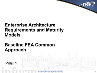 Extensible, Measurable, Implementable
Enterprise Architecture
Requirements and Maturity
Models
Baseline FEA Common
Approach
Pillar 1
12
 