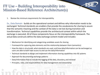 I2F Use – Building Interoperability into
Mission-Based Reference Architecture(s)
15
1. Review the minimum requirements for interoperability
Ex., Data Domain - builds on the operational context and defines why information needs to be
exchanged. Technical standards are enablers that provide the vocabularies for sharing to assure
that the semantic meaning and the context of the data is not lost during transition and
transformation. Technical capabilities provide the architectural context within which the
exchange is executed. All of these components focus on the interoperability framework. The
actual data constructs define the data exchange content model and includes:
 Mechanism for identifying and categorizing candidate assets for sharing
 Framework for capturing data elements and the relationship between them (semantics)
 How the data is structured, what standards are used, and how data/information can be exchanged so
users are able to both have access to and use the data/information
 Technical standards to design and implement information sharing capabilities into ISE systems
 Approach for documenting exchange patterns
 Data/information flow to include the tagging of the data, discovery, and retrieval
 Principles, roles, and responsibilities for data management and stewardship
 