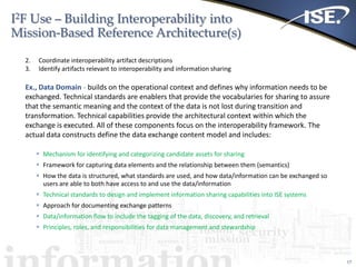 I2F Use – Building Interoperability into
Mission-Based Reference Architecture(s)
17
2. Coordinate interoperability artifact descriptions
3. Identify artifacts relevant to interoperability and information sharing
Ex., Data Domain - builds on the operational context and defines why information needs to be
exchanged. Technical standards are enablers that provide the vocabularies for sharing to assure
that the semantic meaning and the context of the data is not lost during transition and
transformation. Technical capabilities provide the architectural context within which the
exchange is executed. All of these components focus on the interoperability framework. The
actual data constructs define the data exchange content model and includes:
 Mechanism for identifying and categorizing candidate assets for sharing
 Framework for capturing data elements and the relationship between them (semantics)
 How the data is structured, what standards are used, and how data/information can be exchanged so
users are able to both have access to and use the data/information
 Technical standards to design and implement information sharing capabilities into ISE systems
 Approach for documenting exchange patterns
 Data/information flow to include the tagging of the data, discovery, and retrieval
 Principles, roles, and responsibilities for data management and stewardship
 