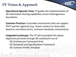 I2F Vision & Approach
4
Operational Agnostic View: I2F guides the implementation of
ISE information sharing capabilities across heterogeneous
boundaries
Common Practices: It provides mechanisms that can support
FSLTT partner agencies (e.g., fusion centers) to share data
based on normative terms, common standards, and practices
Integrated Landscape: The I2F will accomplish the above
objectives primarily through ISE constituent use of
ISE Architecture Framework Grid
ISE Standards and Specifications Framework
ISE Common Profile Template
 