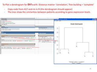 To Plot a dendrogram for DV’s with: Distance matrix= ‘correlation’, Tree building = ‘complete’
26
- Copy code from A17 and rin in R (the dendrogram should appear)
- The tree show the similarities between patients according to gene expression levels
 