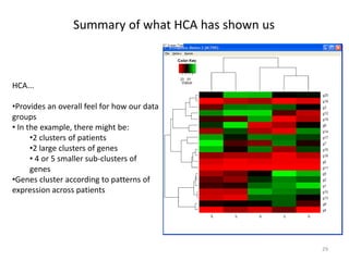Summary of what HCA has shown us
HCA...
•Provides an overall feel for how our data
groups
• In the example, there might be:
•2 clusters of patients
•2 large clusters of genes
• 4 or 5 smaller sub-clusters of
genes
•Genes cluster according to patterns of
expression across patients
29
 