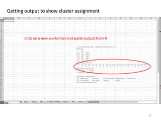 Getting output to show cluster assignment
Click on a new worksheet and paste output from R
53
 