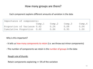 Importance of components:
Comp.1 Comp.2 Comp.3 Comp.4
Proportion of Variance 0.62 0.24 0.08 0.04
Cumulative Proportion 0.62 0.86 0.95 1.00
How many groups are there?
Why is this important?
- It tells us how many components to retain (i.e. we throw out minor components)
- The number of components we retain is the number of groups in the data
Rough rule of thumb:
Retain components explaining >= 5% of the variation
59
Each component explains different amounts of variation in the data
 