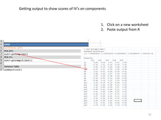 1. Click on a new worksheet
2. Paste output from R
Getting output to show scores of IV’s on components
62
 