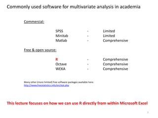 Commonly used software for multivariate analysis in academia
Commercial:
SPSS - Limited
Minitab - Limited
Matlab - Comprehensive
Free & open source:
R - Comprehensive
Octave - Comprehensive
WEKA - Comprehensive
Many other (more limited) free software packages available here:
http://www.freestatistics.info/en/stat.php
7
This lecture focuses on how we can use R directly from within Microsoft Excel
 