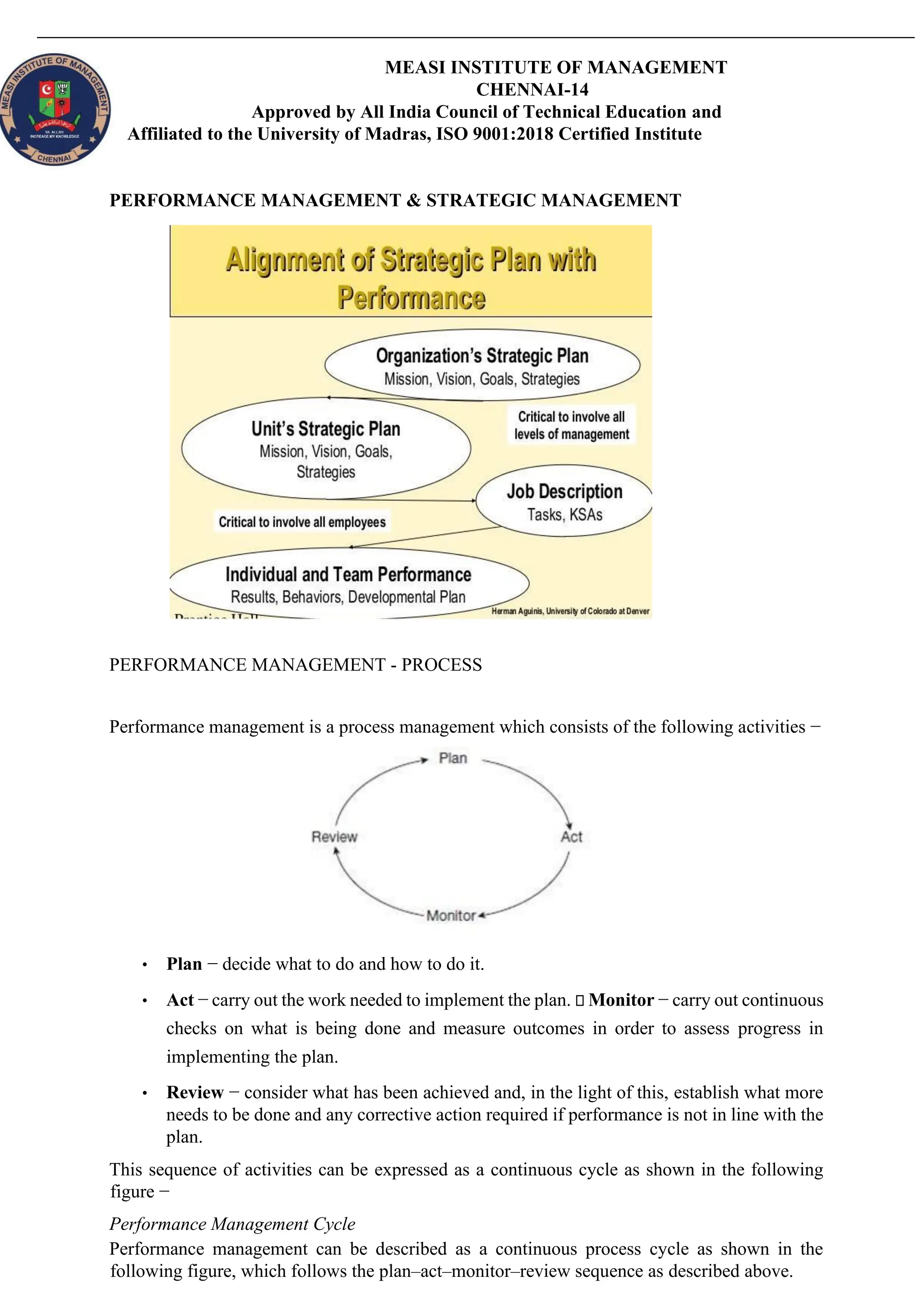MEASI INSTITUTE OF MANAGEMENT
CHENNAI-14
Approved by All India Council of Technical Education and
Affiliated to the University of Madras, ISO 9001:2018 Certified Institute
PERFORMANCE MANAGEMENT & STRATEGIC MANAGEMENT
PERFORMANCE MANAGEMENT - PROCESS
Performance management is a process management which consists of the following activities −
• Plan − decide what to do and how to do it.
• Act − carry out the work needed to implement the plan. Monitor − carry out continuous
checks on what is being done and measure outcomes in order to assess progress in
implementing the plan.
• Review − consider what has been achieved and, in the light of this, establish what more
needs to be done and any corrective action required if performance is not in line with the
plan.
This sequence of activities can be expressed as a continuous cycle as shown in the following
figure −
Performance Management Cycle
Performance management can be described as a continuous process cycle as shown in the
following figure, which follows the plan–act–monitor–review sequence as described above.
 