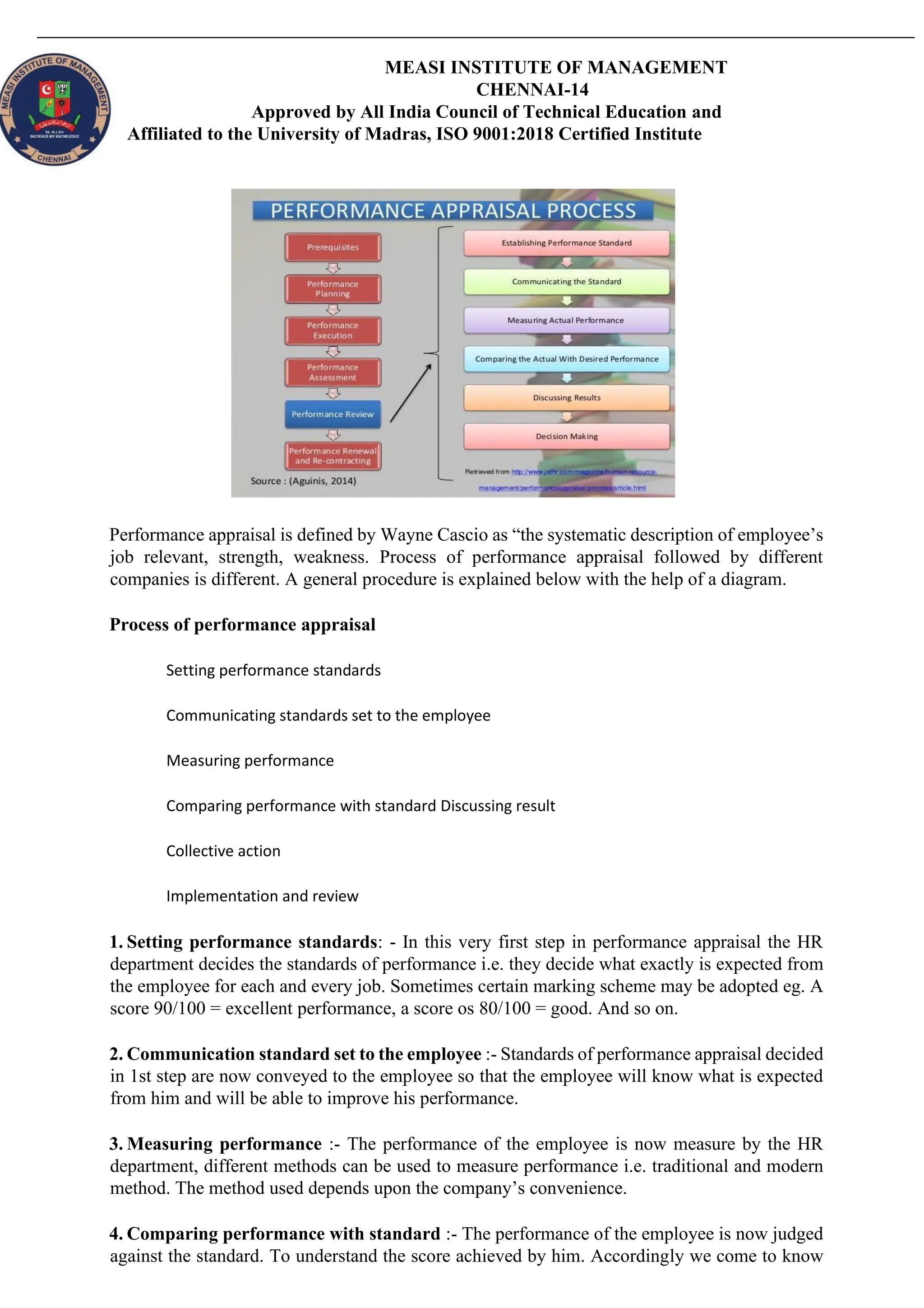 MEASI INSTITUTE OF MANAGEMENT
CHENNAI-14
Approved by All India Council of Technical Education and
Affiliated to the University of Madras, ISO 9001:2018 Certified Institute
Performance appraisal is defined by Wayne Cascio as “the systematic description of employee’s
job relevant, strength, weakness. Process of performance appraisal followed by different
companies is different. A general procedure is explained below with the help of a diagram.
Process of performance appraisal
Setting performance standards
Communicating standards set to the employee
Measuring performance
Comparing performance with standard Discussing result
Collective action
Implementation and review
1. Setting performance standards: - In this very first step in performance appraisal the HR
department decides the standards of performance i.e. they decide what exactly is expected from
the employee for each and every job. Sometimes certain marking scheme may be adopted eg. A
score 90/100 = excellent performance, a score os 80/100 = good. And so on.
2. Communication standard set to the employee :- Standards of performance appraisal decided
in 1st step are now conveyed to the employee so that the employee will know what is expected
from him and will be able to improve his performance.
3. Measuring performance :- The performance of the employee is now measure by the HR
department, different methods can be used to measure performance i.e. traditional and modern
method. The method used depends upon the company’s convenience.
4. Comparing performance with standard :- The performance of the employee is now judged
against the standard. To understand the score achieved by him. Accordingly we come to know
 