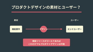 プロダクトデザインの素材とユーザー？
機能要件 エンドユーザー
素材 ユーザー
機能リリースがゴールであれば 
これだけでもプロダクトデザインは可能
デザイン
 