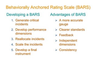 Behaviorally Anchored Rating Scale (BARS)
Developing a BARS
1. Generate critical
incidents
2. Develop performance
dimensions
3. Reallocate incidents
4. Scale the incidents
5. Develop a final
instrument
Advantages of BARS
 A more accurate
gauge
 Clearer standards
 Feedback
 Independent
dimensions
 Consistency
 