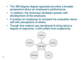 42
• The 360-degree degree appraisal provides a broader
perspective about an employee’s performance.
• In addition, the technique facilitates greater self-
development of the employee.
• It enables an employee to compare his evaluation about
self with perceptions of others
• Though this method was developed to bring about a
degree of objectivity, it still suffers from subjectivity.
 