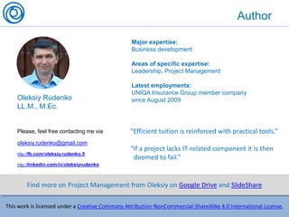 Author
Major expertise:
Business development
Areas of specific expertise:
Leadership, Project Management
Latest employments:
UNIQA Insurance Group member company
since August 2009
“Efficient tuition is reinforced with practical tools.”
“If a project lacks IT-related component it is then
doomed to fail.”
Oleksiy Rudenko
LL.M., M.Ec.
Please, feel free contacting me via
oleksiy.rudenko@gmail.com
http://fb.com/oleksiy.rudenko.5
http://linkedin.com/in/oleksiyrudenko
This work is licensed under a Creative Commons Attribution-NonCommercial-ShareAlike 4.0 International License.
Find more on Project Management from Oleksiy on Google Drive and SlideShare
 