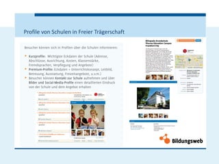Profile von Schulen in Freier Trägerschaft

Besucher können sich in Profilen über die Schulen informieren:

π   Kurzprofile: Wichtigste Eckdaten der Schule (Adresse,
    Abschlüsse, Ausrichtung, Kosten, Klassenstärke,
    Fremdsprachen, Verpflegung und Angebote)
π   Premium-Profile: Eckdaten + Unterrichtskonzept, Leitbild,
    Betreuung, Ausstattung, Freizeitangebote, u.v.m.)
π   Besucher können Kontakt zur Schule aufnehmen und über
    Bilder und Social-Media-Profile einen detaillierten Eindruck
    von der Schule und dem Angebot erhalten
 