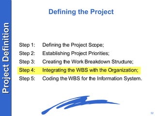 Step 1: Defining the Project Scope; Step 2: Establishing Project Priorities; Step 3: Creating the Work Breakdown Structure; Step 4: Integrating the WBS with the Organization; Step 5: Coding the WBS for the Information System. Defining the Project 