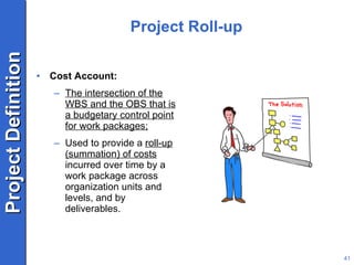 Project Roll-up Cost Account: The intersection of the WBS and the OBS that is a budgetary control point for work packages; Used to provide a  roll-up (summation) of costs  incurred over time by a work package across organization units and levels, and by deliverables. 