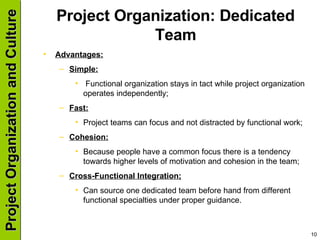 Project Organization: Dedicated Team Advantages: Simple: Functional organization stays in tact while project organization operates independently; Fast: Project teams can focus and not distracted by functional work; Cohesion: Because people have a common focus there is a tendency towards higher levels of motivation and cohesion in the team; Cross-Functional Integration; Can source one dedicated team before hand from different functional specialties under proper guidance. 