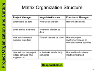 Matrix Organization Structure Responsibilities How well has functional input be integrated Is the tasks satisfactorily completed How well has the project in total achieved what supposed to How will project involvement impact on normal functional activities Why will the task be done How much money is available to do task Where will the task be done When should it be done How will it be done? Who will do the task What has to be done Functional Manager Negotiated Issues Project Manager 