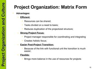 Project Organization: Matrix Form Advantages: Efficient: Resources can be shared; Tasks divided on a need to basis; Reduces duplication of the projectized structure; Strong Project Focus: Project manager responsible for coordinating and integrating Creates holistic focus; Easier Post-Project Transition: Because of the link with functional unit the transition is much easier; Flexible: Brings more balance in the use of resources for projects 