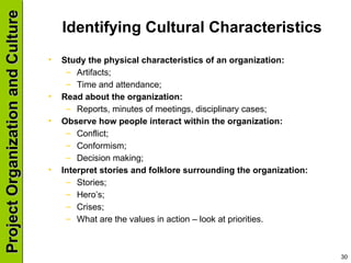 Identifying Cultural Characteristics Study the physical characteristics of an organization: Artifacts; Time and attendance; Read about the organization: Reports, minutes of meetings, disciplinary cases; Observe how people interact within the organization: Conflict; Conformism; Decision making; Interpret stories and folklore surrounding the organization: Stories; Hero’s; Crises; What are the values in action – look at priorities. 