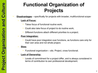 Functional Organization of Projects Disadvantages  – specifically for projects with broader, multifunctional scope- Lack of Focus: Takes focus of functional routine work; Could also take focus of project to do routine work; Different functions attach different priorities to a project; Poor Integration: Could have poor integration over functions, as functions care only for their own area and not whole project; Slow: Functional organization – silo. Project, cross functional; Lack of Ownership: Levels of commitment for a project differ, and is always considered in terms of contribution to own professional development. 