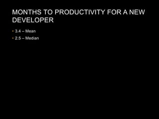 MONTHS TO PRODUCTIVITY FOR A NEW 
DEVELOPER 
• 3.4 – Mean 
• 2.5 – Median 
 