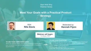 Meet Your Goals with a Practical Product
Strategy
Nils Davis Hannah Flynn
With: Moderated by:
TO USE YOUR COMPUTER'S AUDIO:
When the webinar begins, you will be connected to audio using
your computer's microphone and speakers (VoIP). A headset is
recommended.
Webinar will begin:
12:30 pm, PDT
TO USE YOUR TELEPHONE:
If you prefer to use your phone, you must select "Use Telephone"
after joining the webinar and call in using the numbers below.
United States: +1 (213) 929-4232
Access Code: 285-673-154
Audio PIN: Shown after joining the webinar
--OR--
Start With Why
Webinar Series
 