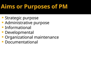 Aims or Purposes of PM
 Strategic purpose
 Administrative purpose
 Informational
 Developmental
 Organizational maintenance
 Documentational
 