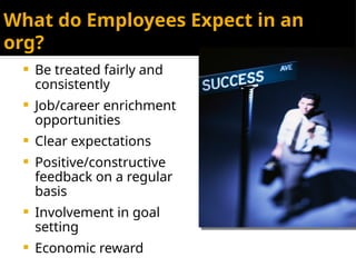 What do Employees Expect in an
org?
 Be treated fairly and
consistently
 Job/career enrichment
opportunities
 Clear expectations
 Positive/constructive
feedback on a regular
basis
 Involvement in goal
setting
 Economic reward
 