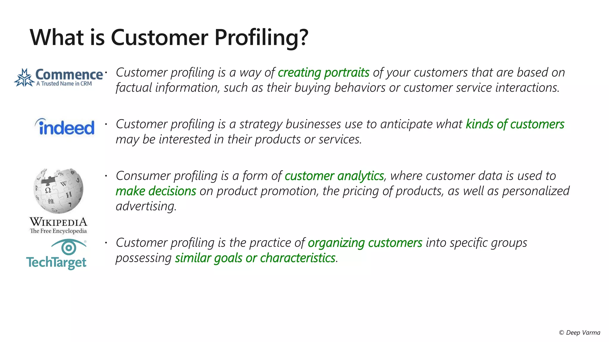 creating portraits
kinds of customers
customer analytics
make decisions
organizing customers
similar goals or characteristics
 