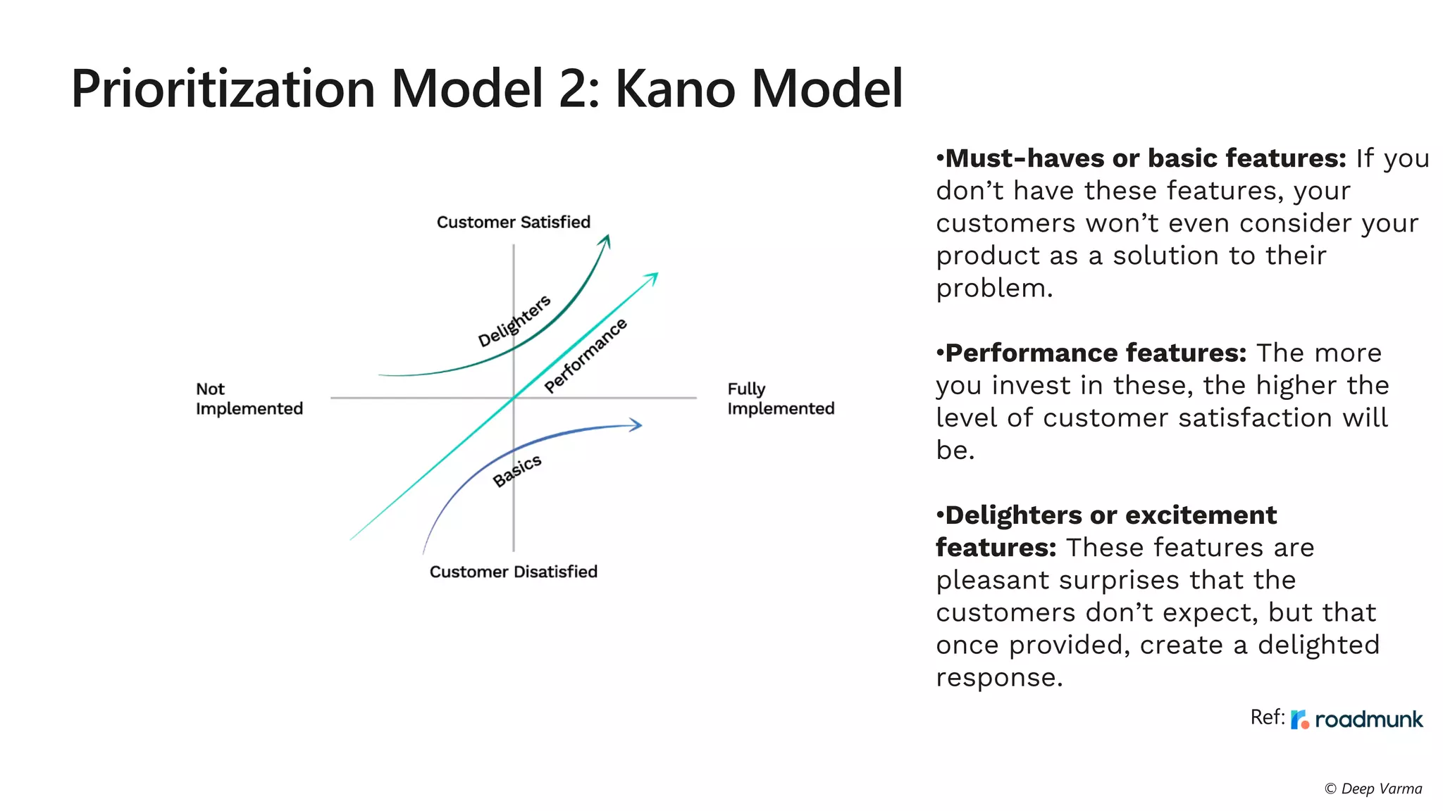 •Must-haves or basic features: If you
don’t have these features, your
customers won’t even consider your
product as a solution to their
problem.
•Performance features: The more
you invest in these, the higher the
level of customer satisfaction will
be.
•Delighters or excitement
features: These features are
pleasant surprises that the
customers don’t expect, but that
once provided, create a delighted
response.
 