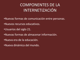 COMPONENTES DE LA INTERNETIZACIÓN Nuevas formas de comunicación entre personas. Nuevos recursos educativos. Usuarios del siglo 21. Nuevas formas de almacenar información. Nueva era de la educación. Nueva dinámica del mundo. 