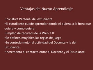 Ventajas del Nuevo Aprendizaje Iniciativa Personal del estudiante. El estudiante puede aprender donde el quiera, a la hora que quiera y como quiera. Empleo de recursos de la Web 2.0 Se definen muy bien las reglas de juego. Se controla mejor al actividad del Docente y la del Estudiante. Incrementa el contacto entre el Docente y el Estudiante. 