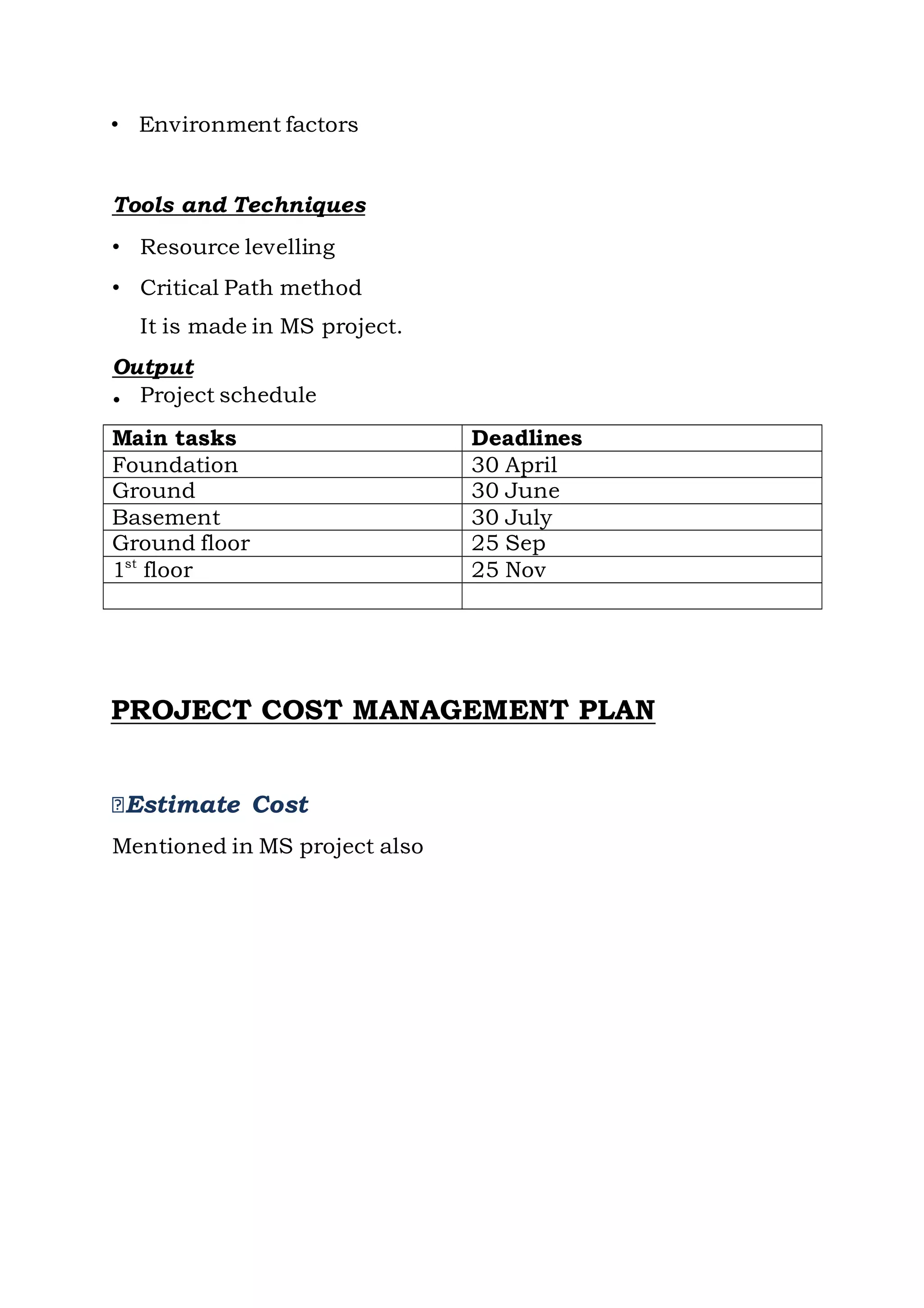 • Environment factors
Tools and Techniques
• Resource levelling
• Critical Path method
It is made in MS project.
Output
PROJECT COST MANAGEMENT PLAN
Estimate Cost
Mentioned in MS project also
• Project schedule
Main tasks Deadlines
Foundation 30 April
Ground 30 June
Basement 30 July
Ground floor 25 Sep
1st
floor 25 Nov
 