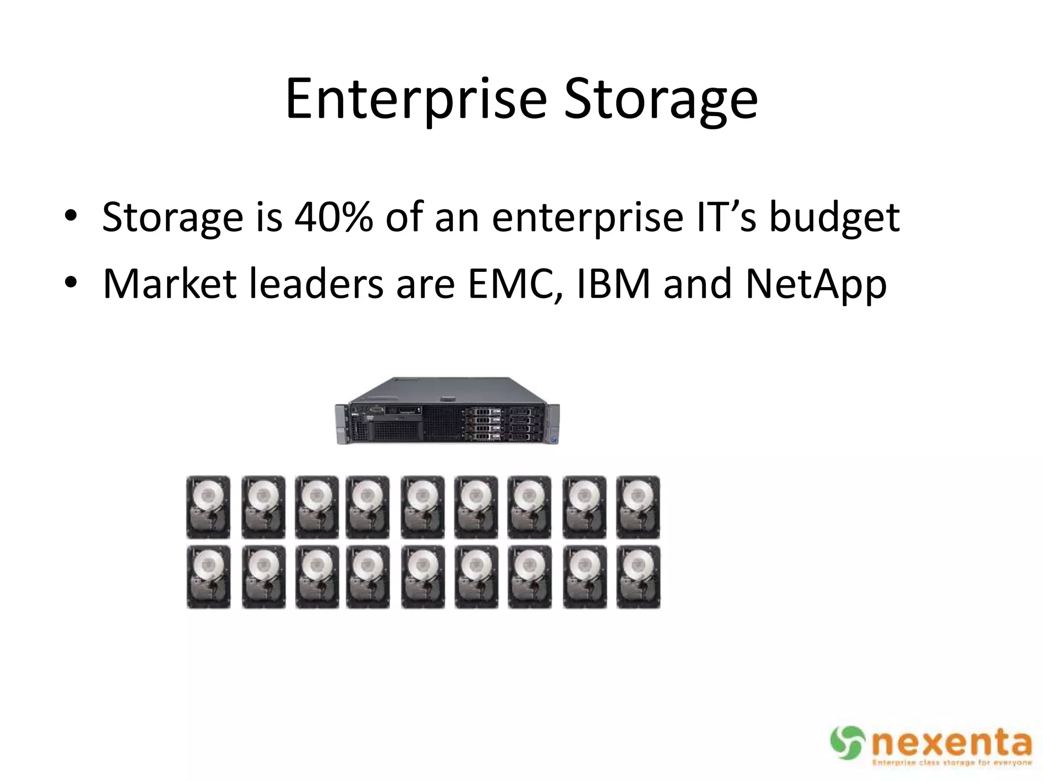 Enterprise Storage
• Storage is 40% of an enterprise IT’s budget
• Market leaders are EMC, IBM and NetApp
 