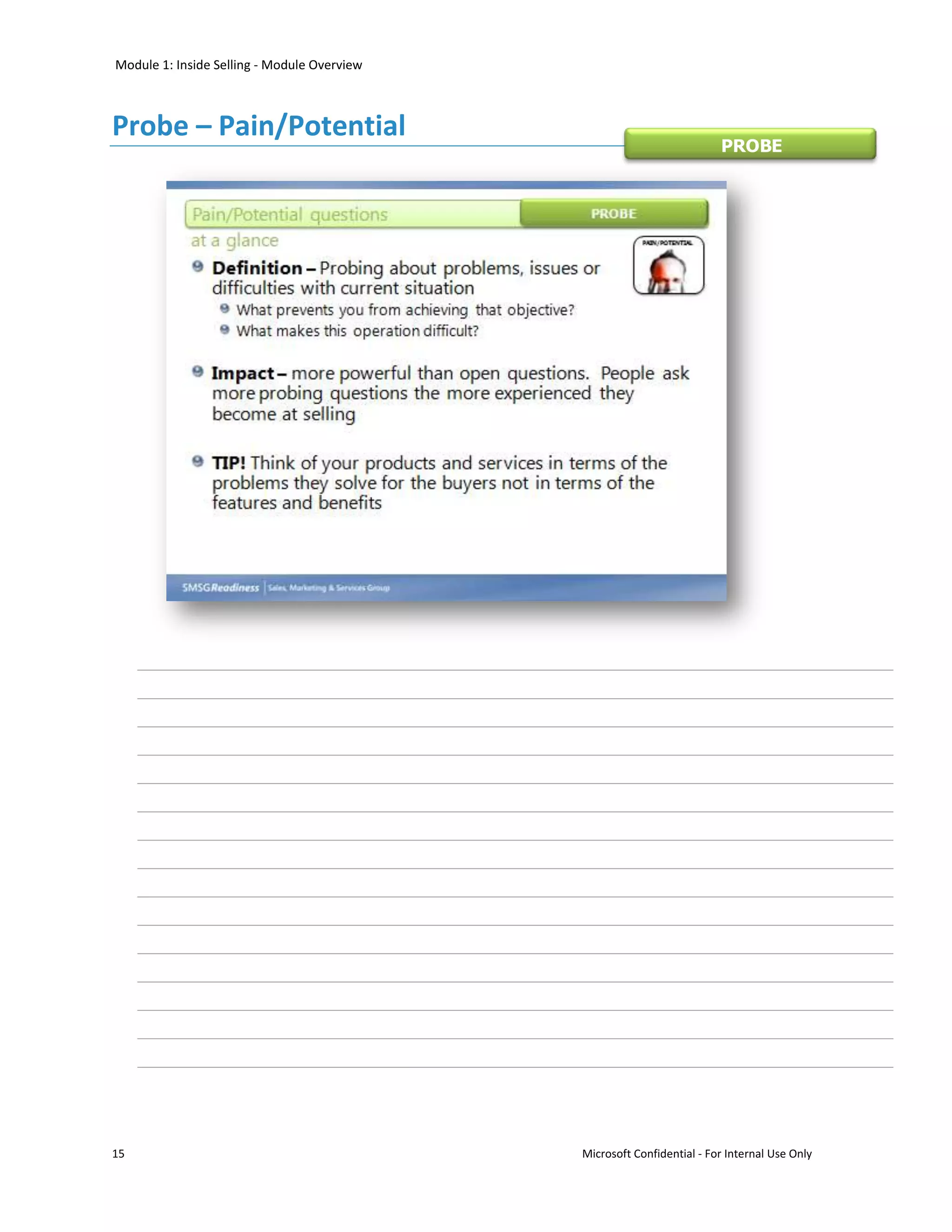 Module 1: Inside Selling - Module Overview



Probe – Pain/Potential
                                                                        PROBE




15                                           Microsoft Confidential - For Internal Use Only
 