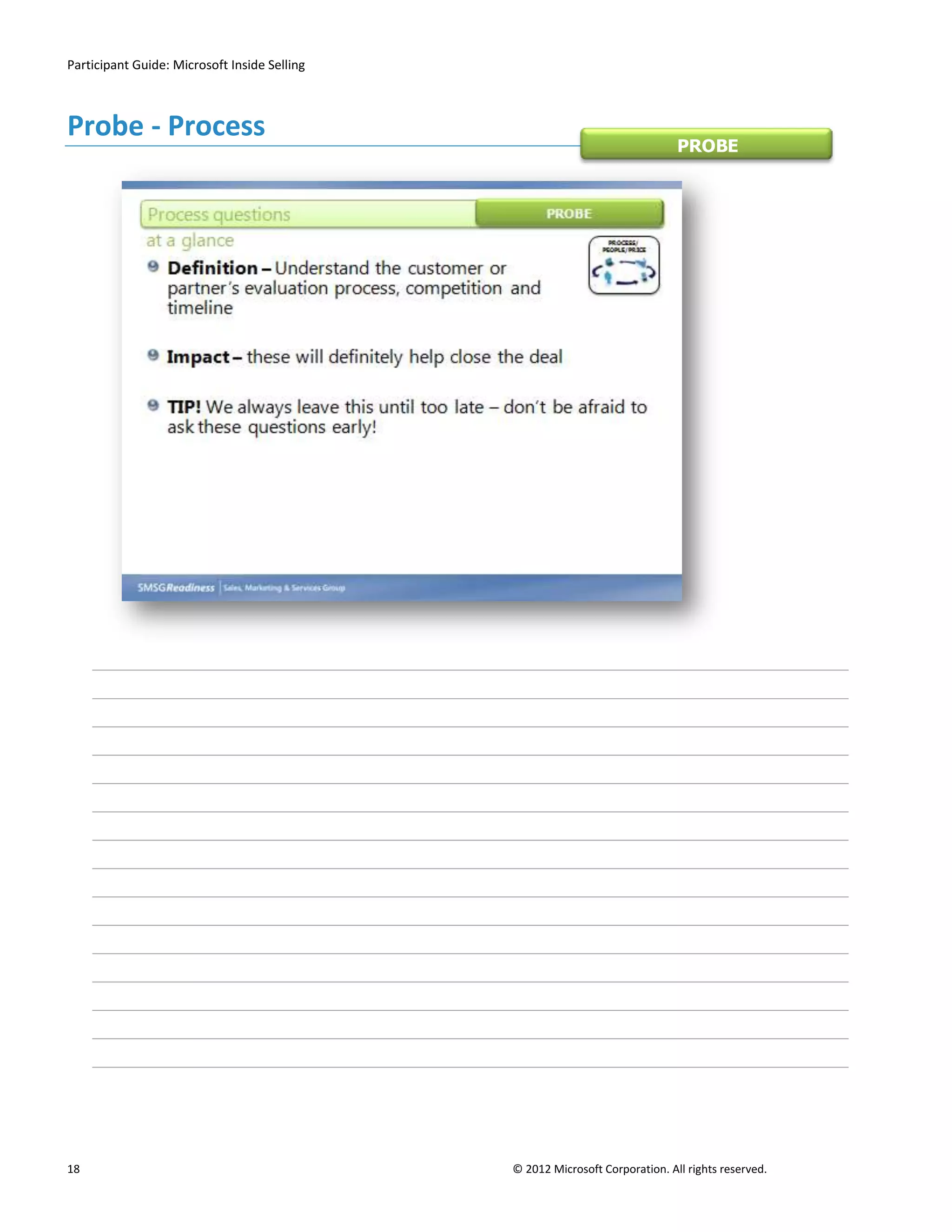 Participant Guide: Microsoft Inside Selling



Probe - Process
                                                                              PROBE




18                                            © 2012 Microsoft Corporation. All rights reserved.
 