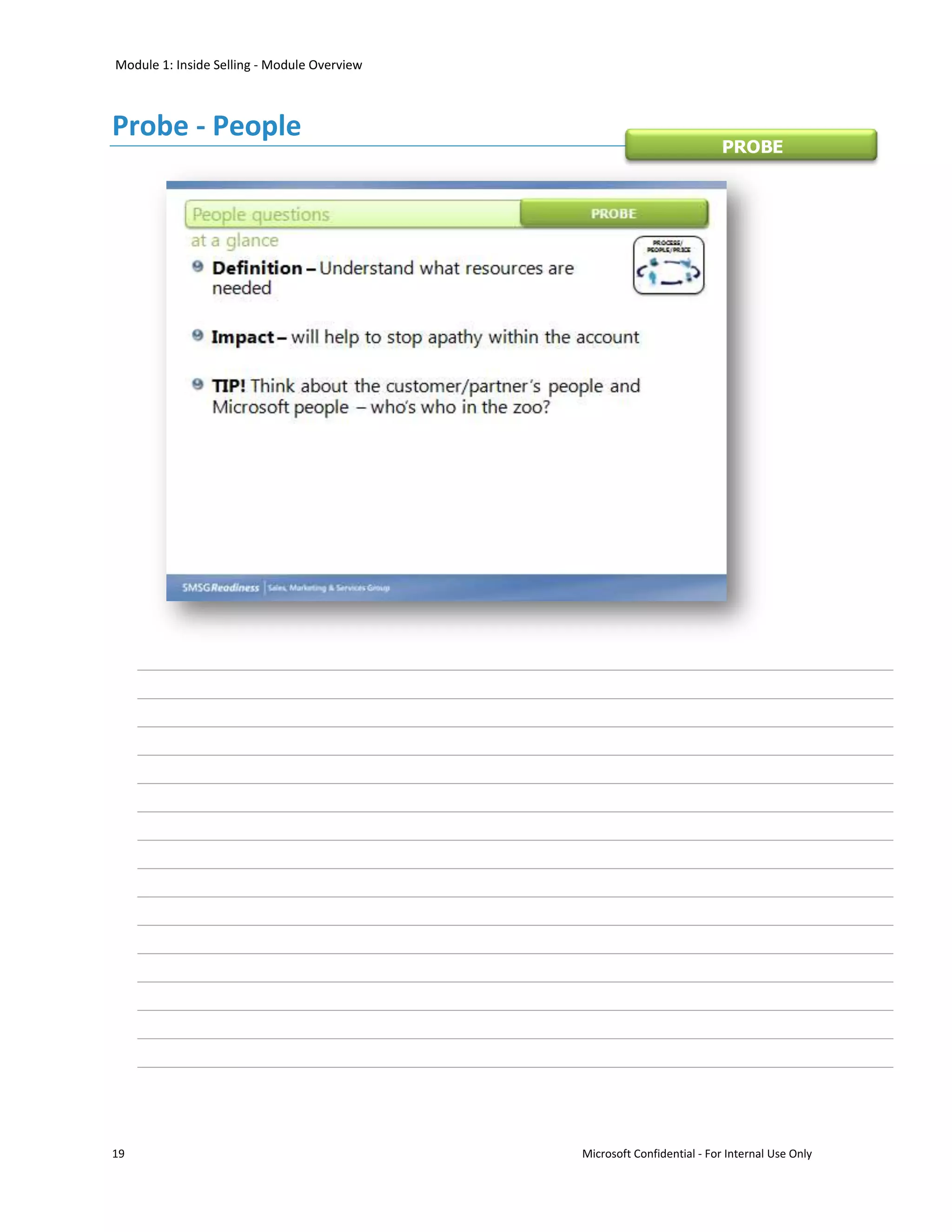 Module 1: Inside Selling - Module Overview



Probe - People
                                                                        PROBE




19                                           Microsoft Confidential - For Internal Use Only
 