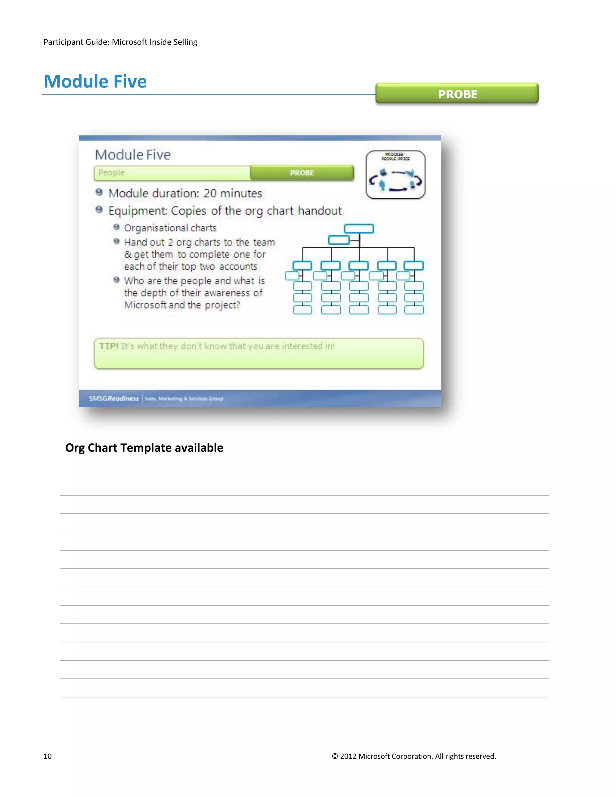 Participant Guide: Microsoft Inside Selling



Module Five
                                                                              PROBE




      Org Chart Template available




10                                            © 2012 Microsoft Corporation. All rights reserved.
 