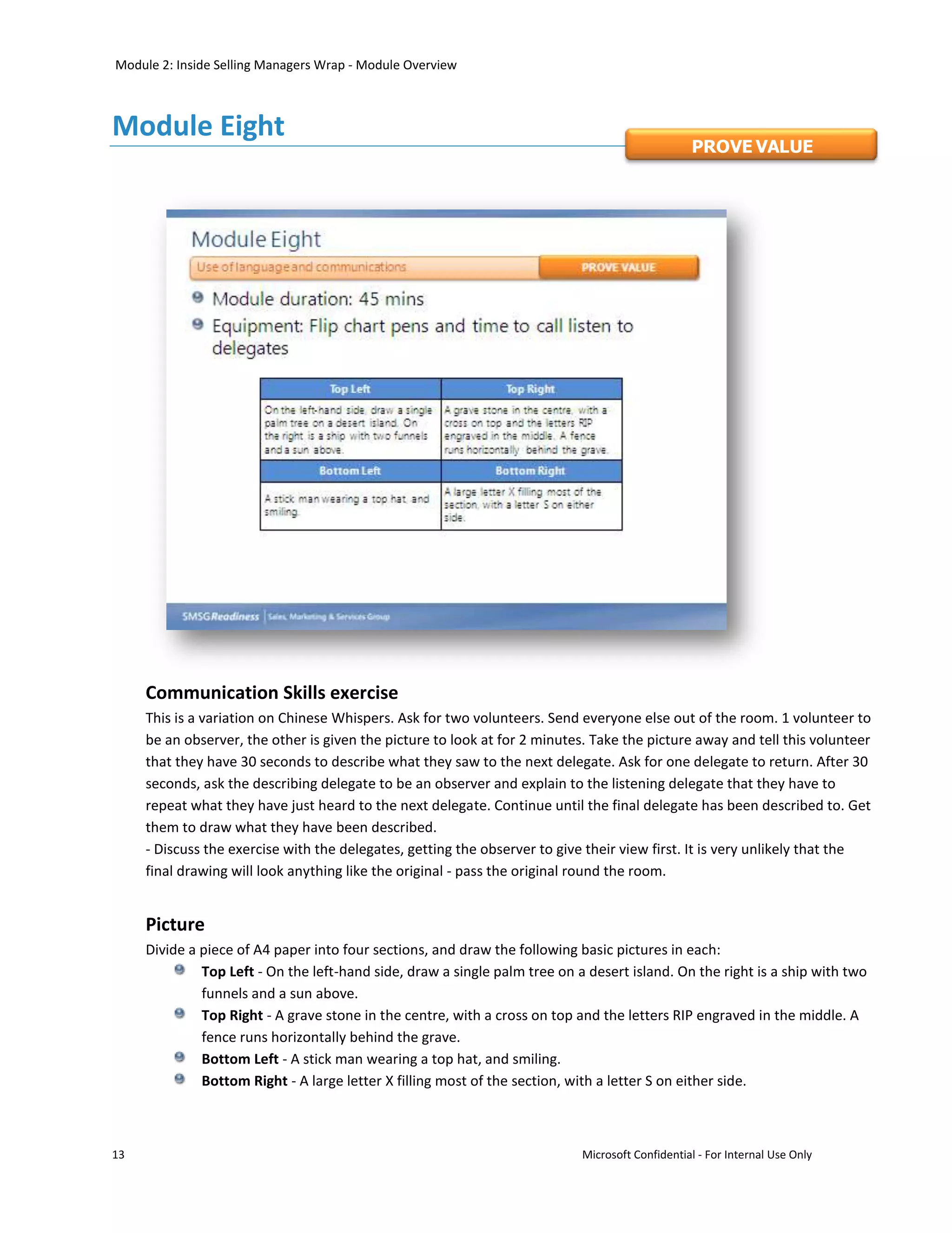 Module 2: Inside Selling Managers Wrap - Module Overview



Module Eight
                                                                                                 PROVE VALUE




     Communication Skills exercise
     This is a variation on Chinese Whispers. Ask for two volunteers. Send everyone else out of the room. 1 volunteer to
     be an observer, the other is given the picture to look at for 2 minutes. Take the picture away and tell this volunteer
     that they have 30 seconds to describe what they saw to the next delegate. Ask for one delegate to return. After 30
     seconds, ask the describing delegate to be an observer and explain to the listening delegate that they have to
     repeat what they have just heard to the next delegate. Continue until the final delegate has been described to. Get
     them to draw what they have been described.
     - Discuss the exercise with the delegates, getting the observer to give their view first. It is very unlikely that the
     final drawing will look anything like the original - pass the original round the room.


     Picture
     Divide a piece of A4 paper into four sections, and draw the following basic pictures in each:
              Top Left - On the left-hand side, draw a single palm tree on a desert island. On the right is a ship with two
              funnels and a sun above.
              Top Right - A grave stone in the centre, with a cross on top and the letters RIP engraved in the middle. A
              fence runs horizontally behind the grave.
              Bottom Left - A stick man wearing a top hat, and smiling.
              Bottom Right - A large letter X filling most of the section, with a letter S on either side.



13                                                                          Microsoft Confidential - For Internal Use Only
 