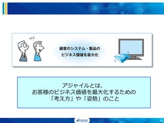46
アジャイルとは、
お客様のビジネス価値を最大化するための
「考え方」や「姿勢」のこと
 