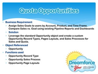 Quota Opportunities
 Business Requirement
  • Assign Sales Goals to users by Account, Product, and Time Frame.
    Compare Sales vs. Goal using existing Pipeline Reports and Dashboards
  • Solution
  • Leverage the standard Opportunity object and create a custom
    Opportunity Record Types, Pages Layouts, and Sales Processes for
    Sales and Quota.
 Object Referenced
  • Opportunity
 Functions used
  • Opportunity Record Type
  • Opportunity Sales Process
  • Opportunity Page Layouts
 