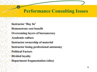 Performance Consulting Issues

 Instructor „Buy In‟
 Demonstrate cost benefit
 Overcoming layers of bureaucracy
 Academic culture
 Instructor ownership of material
 Instructor losing professional autonomy
 Political Factors
▪ Divided loyalty
▪ Department fragmentation (silos)

                                           18
 