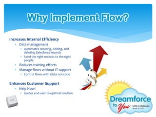 Why Implement Flow?

Increases Internal Efficiency
    Data management
       Automates creating, editing, and
        deleting Salesforce records
       Send the right records to the right
        people
    Reduces training efforts
    Manage flows without IT support
       Control flows with clicks not code

Enhances Customer Support
    Help Now!
       Guides end-user to optimal solution
 