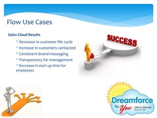Flow Use Cases
Sales Cloud Results
    * Decrease in customer life cycle
    * Increase in customers contacted
    * Consistent brand messaging
    * Transparency for management
    * Decrease in start up time for
    employees
 